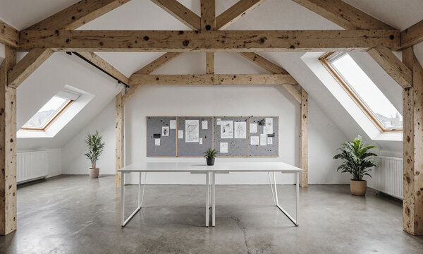 Attic office studio minimalist workspace with wooden beams and white desk in bright airy room with copy space for text