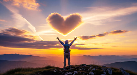 Person with Arms Raised Towards Heart-Shaped Cloud at Golden Sunset