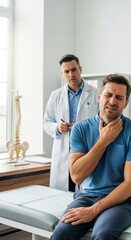 Fototapeta premium Man suffering from neck pain and muscle spasm during medical consultation at doctor's appointment