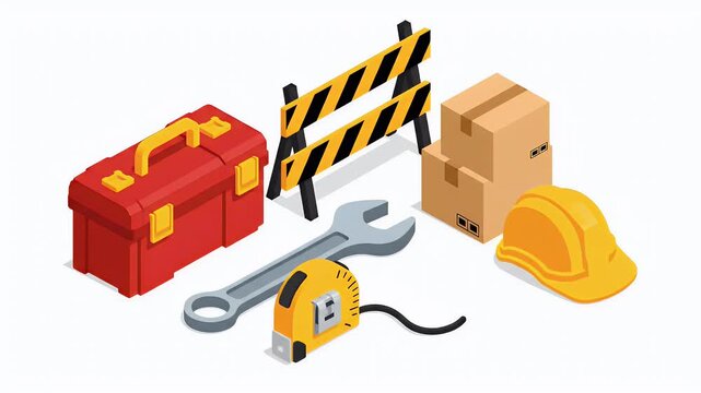 Construction Tools Red Toolbox Yellow Hard Hat Wrench and Barrier Footage