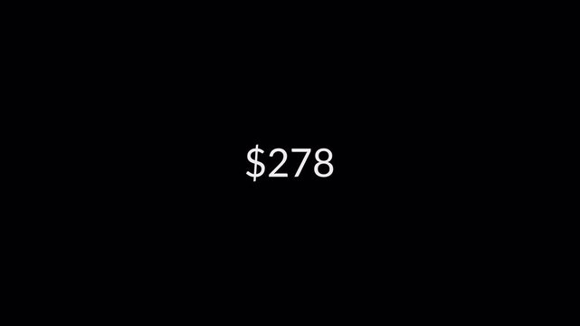 Dollar counting animation from zero to five hundred on a black background, 0 to 500 dollar money counter animation with alpha channel in 4k.