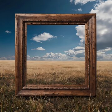 The image is an artistic stock photo of a rustic wooden frame placed outdoors in a grassy field, seemingly framing the landscape beyond. 