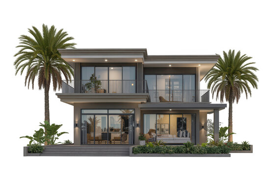 Modern Luxury Beach House with Palm Trees and Balconies