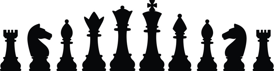 Complete chess pieces silhouette lineup including king queen rook bishop knight and pawn classic strategy board game design © Hello World