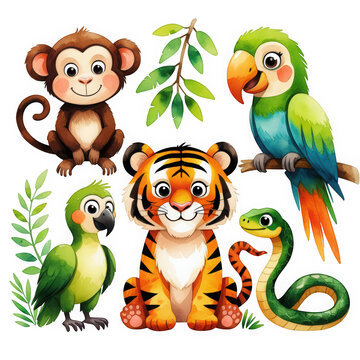 Set of cartoon character animals illustrations for kids