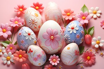 Fototapeta premium Decorated eggs are arranged with colorful flowers on a pink surface. The scene shows a festive setup for Easter with various designs and patterns on the eggs