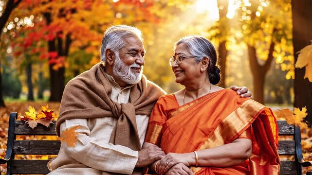 Happy senior Indian couple embracing in autumn park