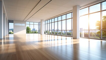 Obraz premium A sunlit, open interior space, possibly an office or studio, with large windows, hardwood floors, and a minimalist design