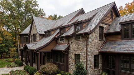 Obraz premium Charming rustic mountain cottage with stone and wood exterior in a tranquil forest setting