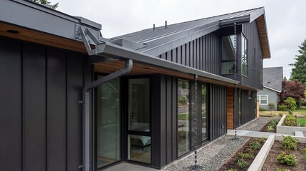 Fototapeta premium Modern black exterior home with sleek metal roofing and large glass sliding doors showcasing contemporary architectural design