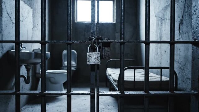 Rusty padlock on prison bars in dark cell with window light