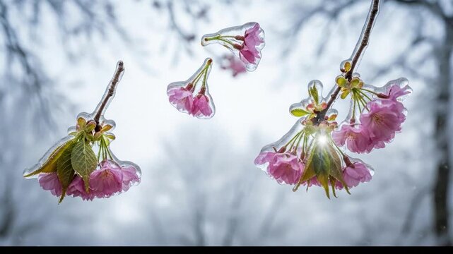 Pink blossoms encased in ice, delicate beauty preserved