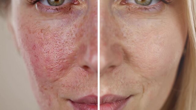 Ultra realistic cinematic close-up woman&rsquo;s face, split-screen concept, left side natural acne, redness, visible pores, slight shine, real skin texture, right side gradual calming skin reduced redness
