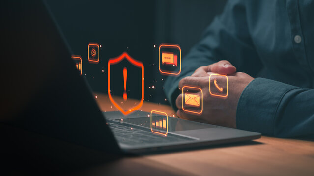 Cybersecurity and data protection on laptop. Privacy technology for internet safety with security alert and firewall icons. Prevent hacker attacks on network information.