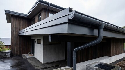 Naklejka premium Modern residential house with contemporary design emphasizing wood and concrete structure with rain gutter system