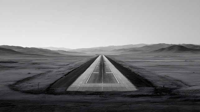 Runway stretching into distant desert mountains at sunrise with soft light and minimal atmosphere evoking solitude and scale