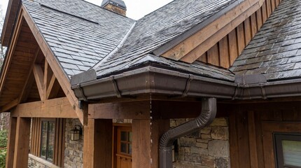 Fototapeta premium Rustic cottage roof with detailed wooden and shingle architecture capturing natural craftsmanship in a cozy rural setting