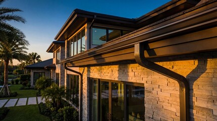 Fototapeta premium Modern two-story residential house with large glass windows and landscaped garden bathed in warm sunset light showcasing