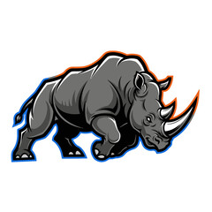 Fototapeta premium Strong rhinoceros illustration with orange horn and blue outline on white background.