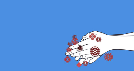 Covid-19 cells disappearing after using hand sanitizer on hands against blue background