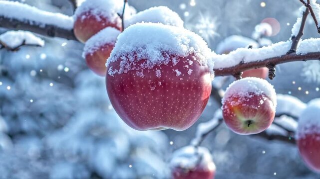 close-up 4K video, snow-covered apple tree branches fruit, frosty crystals sparkling low-angle sunlight micro-rainbows movement wind brushes branches, photorealistic sparkling frost, shallow depth