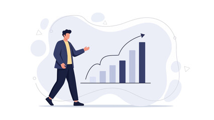 Fototapeta premium Man presenting growing business graph with rising arrow, success concept