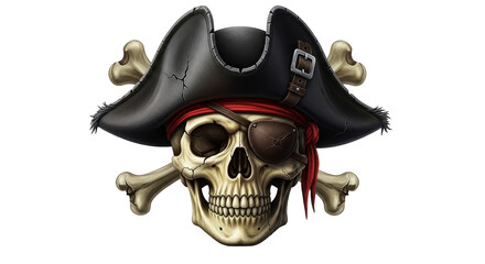 Fototapeta premium Pirate skull with crossbones and eye patch on pirate hat