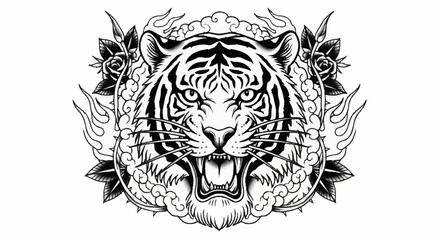 Fototapeta premium Fierce Tiger Head Roaring with Intricate Floral and Cloud Details.