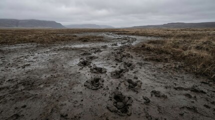 Footprints etched in muddy terrain under an overcast sky