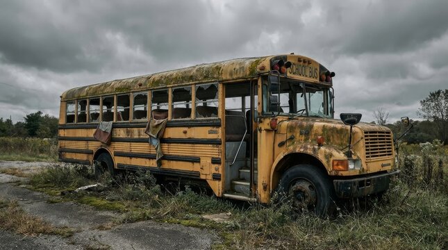Dilapidated School Bus Abandoned in Overgrown Field