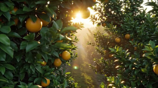 realistic cinematic 4K drone video, aerial tracking dense citrus grove oranges lemons, early morning sun flare piercing leaves, sparkling dewdrops on vibrant green foliage mist hovering ground, warm