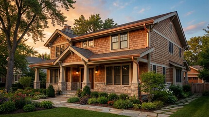 Elegant Two-Story Craftsman Style Family Home with Beautiful Garden Landscaping and Warm Lighting at Sunset
