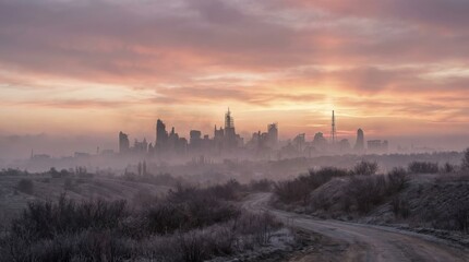 Naklejka premium Distant Silhouette of a Destroyed City Skyline at Dawn