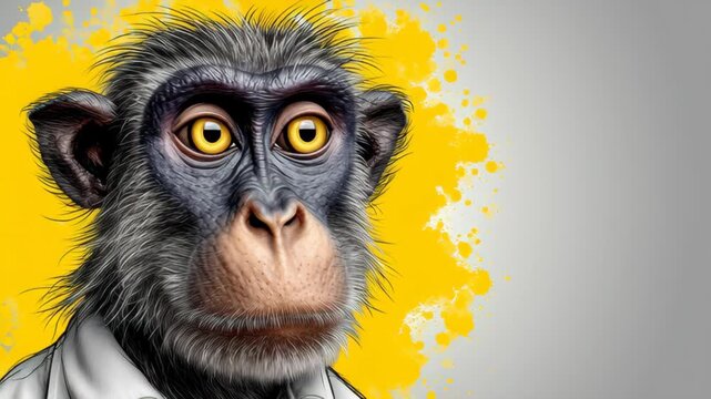 Cartoon monkey character with large expressive eyes and gray fur, wearing a white shirt, posed against a vibrant yellow splatter background, showcasing various angles and expressions