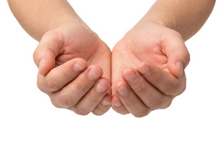 Empty cupped human hands held out against grey background with copyspace for charity or giving...