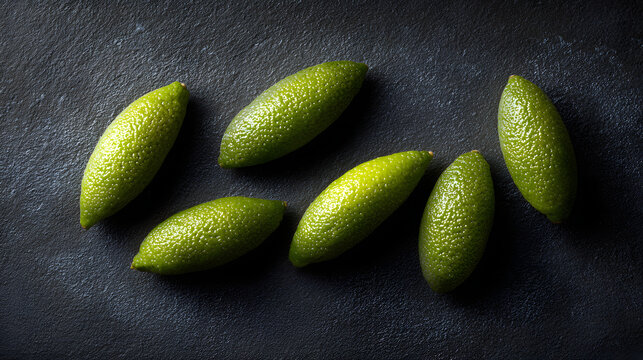 Finger lime citrus green textured tropical elongated boutique fruit six finger limes arranged dark textured slate background with dramatic
