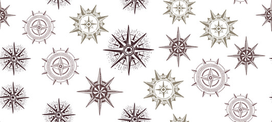 Compass pattern on white, Wind rose, hand drawn Illustration.	
