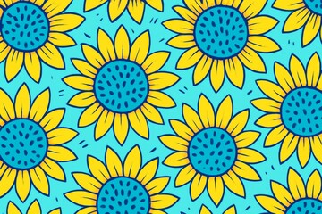 Bright yellow sunflowers with blue centers on vibrant cyan background in playful artistic style, ideal for creative nature-themed design concepts. Ai generative