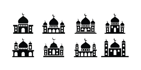 Large collection of minimalist black mosque icons for Ramadan. Simple masjid pictograms and symbols in flat style. Essential graphic elements for mobile app UI, web buttons, and Islamic map markers