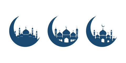 Elegant set of mosque silhouettes nestled within large crescent moons. Modern Islamic graphic elements in navy blue for Ramadan Kareem and Eid Mubarak branding, stickers, and creative card designs