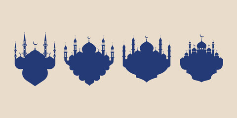 Set of blue mosque silhouettes in elegant Islamic arch frames. Versatile flat icons with minarets and domes for Ramadan Kareem branding, logo design, and creative patterns on a beige background