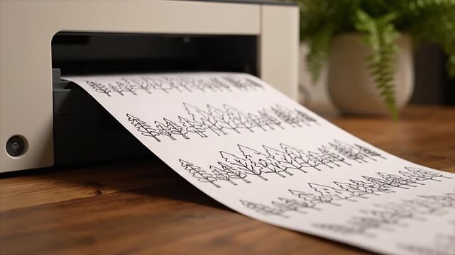 Printer producing black and white illustrations of trees on paper, with a wooden surface and a potted fern in the background