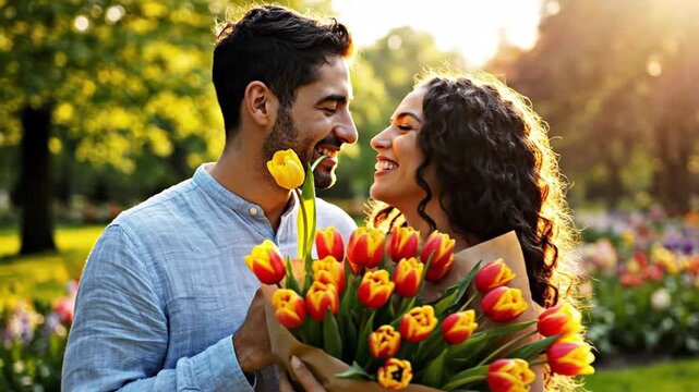 Happy couple laughing with tulips in sunny park at golden hour