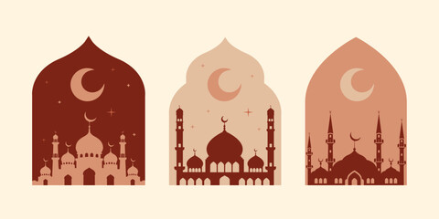 Set of Ramadan Kareem greeting backgrounds with elegant boho arch silhouettes. Modern Islamic vector featuring mosque, crescent moon, and stars in earthy terracotta tones. Perfect for Eid cards.