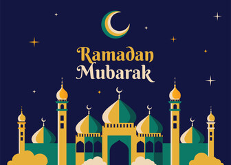 Modern flat illustration of Ramadan Mubarak with mosque silhouette under a starry night. Vibrant emerald and gold colors with crescent moon. Ideal for Islamic holiday banners and social media ads