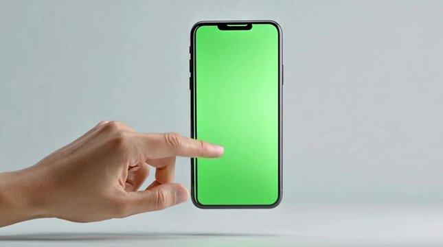 Human hand interacts with a modern smartphone featuring a vivid green screen for custom content display, offering a versatile template for app demonstration or digital interface design