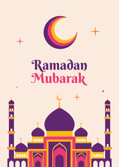 Vibrant Ramadan Mubarak vertical banner with a colorful mosque illustration. Modern flat design in purple and pink tones with a bold crescent moon. Unique pop-art style for trendy social media.