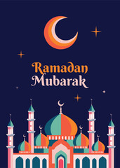 Festive Ramadan Mubarak vertical poster with colorful geometric mosque. Vibrant night scene featuring orange crescent moon and stars on dark blue. Modern flat design for holiday greeting cards.