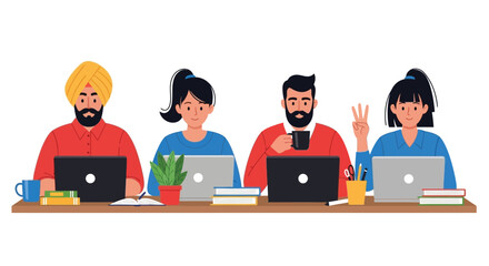 Diverse group of people working on laptops together