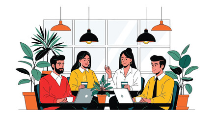 Four colleagues collaborating in a modern office setting with plants